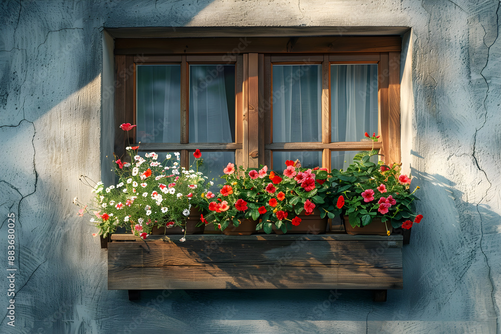 Naklejka premium A window with a flower box, filled with blooming plants