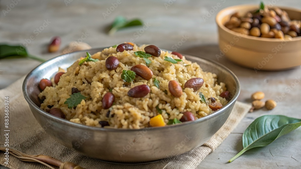 Tamarind Poha / Puli Aval - South Indian breakfast with flattened rice, selective focus Tamarind Poha / Puli Aval - South Indian breakfast with flattened rice, selective focus