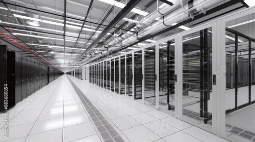 A high-tech 3D rendering of a data center  filled with server racks and advanced cooling systems.