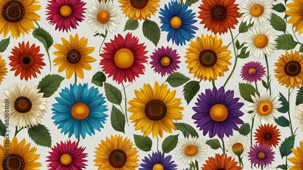 Vibrant spring flower vector set on a clean white backdrop. Featuring a variety of daisies and sunflowers in different hues for spring-themed designs and embellishments Vibrant spring flower vector set on a clean white backdrop. Featuring a variety of daisies and sunflowers in different hues for spring-themed designs and embellishments