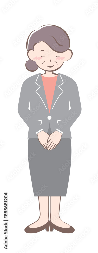 お辞儀をするスーツ姿のシニア女性　全身