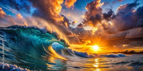 Golden Sunset Wave, Ocean, Sunset, Waves, Nature