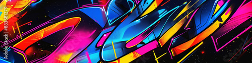 close up of an abstract neon graffiti design on a black background, generative AI