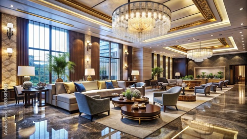 Grand Hotel Lobby Interior with Chandeliers and Elegant Seating, hotel , lobby , interior , design