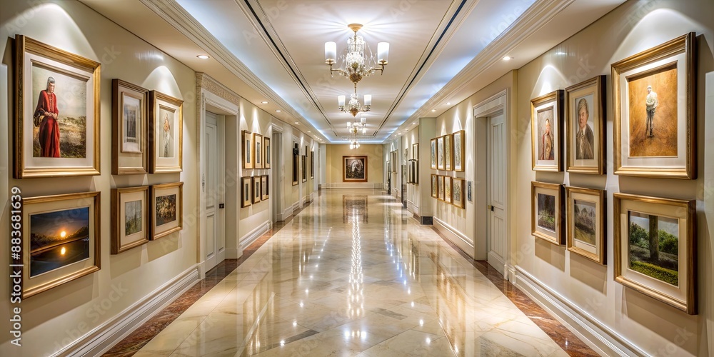 Hallway Gallery with Golden Frames and Marble Floor, art gallery , interior design , hallway , luxury Hallway Gallery with Golden Frames and Marble Floor, art gallery , interior design , hallway , luxury