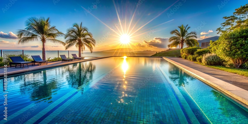 Fototapeta premium Infinity Pool Sunset Paradise, Palm Trees, Tropical, Luxury, Relaxation
