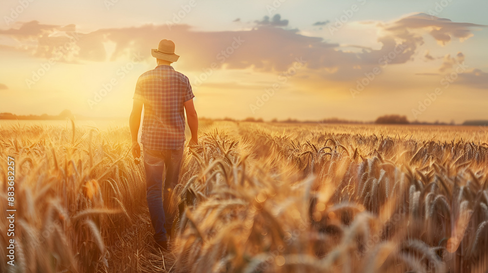 Fototapeta premium Farmer Walking Through Field and Checking Wheat Crop