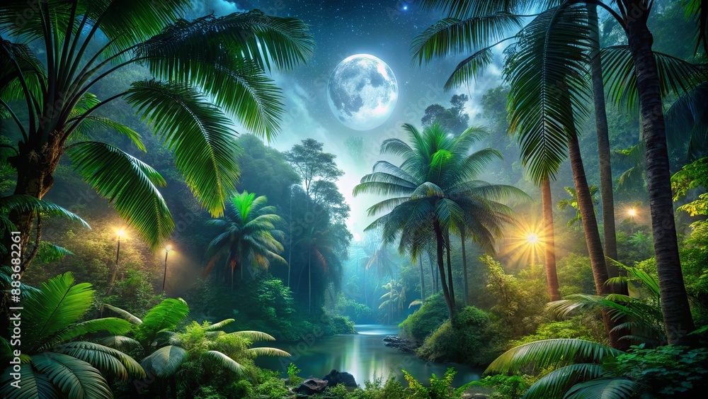 Luminous Moonlight Illuminates a Tranquil Jungle Stream, Palm Trees Silhouetted Against a Starry Sky, Digital Art, Nature, Tropical, Night, Jungle Luminous Moonlight Illuminates a Tranquil Jungle Stream, Palm Trees Silhouetted Against a Starry Sky, Digital Art, Nature, Tropical, Night, Jungle
