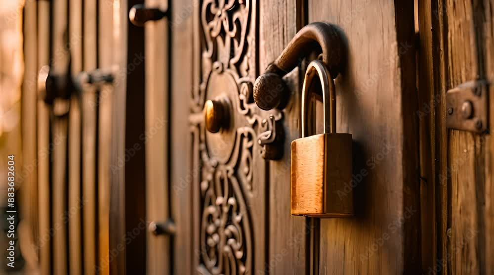 The shiny steel padlock gleams in the hot sun, with intricate carvings The shiny steel padlock gleams in the hot sun, with intricate carvings
