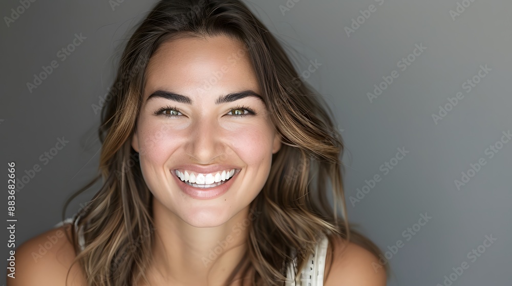 Big bright white smile headshot with a beautiful brunette woman sincere happy cheerful positive expression. Big bright white smile headshot with a beautiful brunette woman sincere happy cheerful positive expression.