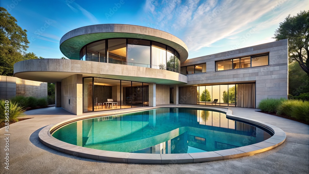 Fototapeta premium Modern Architecture with a Swimming Pool Reflecting the Sky, Contemporary , Poolside , Architecture , House