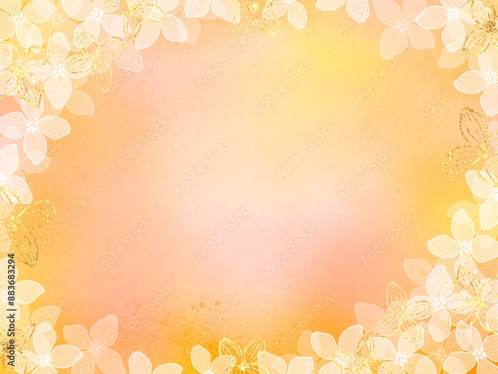 Naklejka premium オレンジ背景に半透明の花と金の花のきらびやかなフレーム背景イラスト