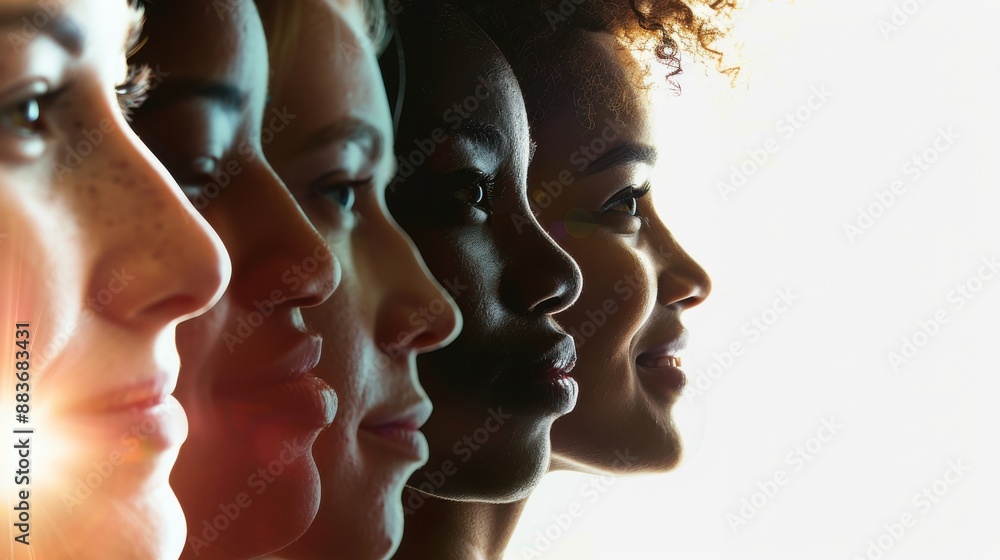Diverse faces smiling close up, focus on, copy space Multicultural unity, Double exposure silhouette with community Diverse faces smiling close up, focus on, copy space Multicultural unity, Double exposure silhouette with community