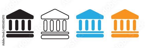 Black bank icon set. Government building, flat vector.  Bank vector icon, museum, university.
