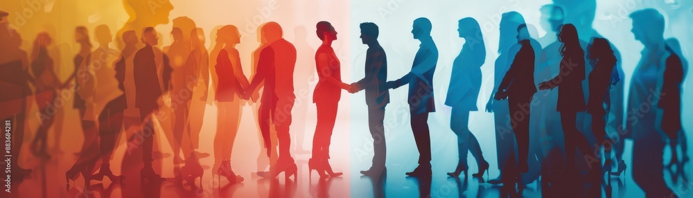 Handshake between diverse individuals close up, focus on, copy space Inclusive agreement, Double exposure silhouette with unity Handshake between diverse individuals close up, focus on, copy space Inclusive agreement, Double exposure silhouette with unity