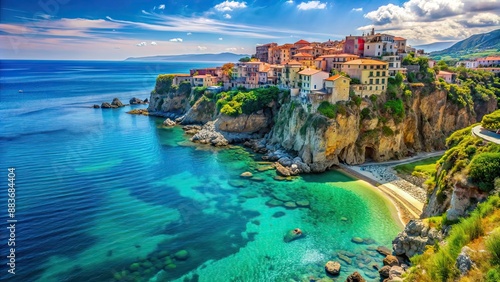 Beautiful scenic view of Calabria's stunning coastline with crystal clear blue waters, dramatic cliffs