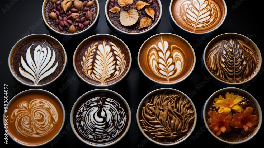 Artistic Latte Creations in Handcrafted Mugs. Array of handcrafted ceramic mugs featuring intricate latte art patterns on a dark textured surface. Artistic Latte Creations in Handcrafted Mugs. Array of handcrafted ceramic mugs featuring intricate latte art patterns on a dark textured surface.