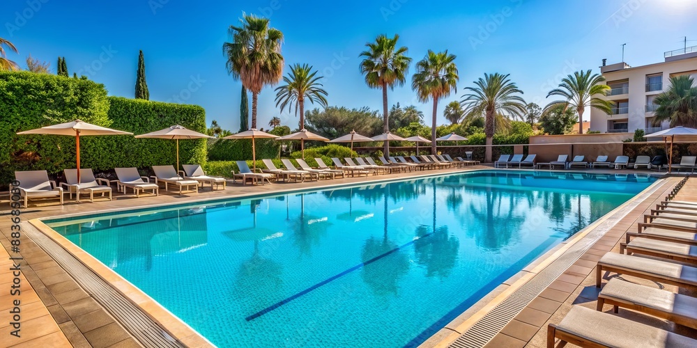 Fototapeta premium Poolside Relaxation with Palm Trees and Sun, pool, resort, vacation, summer
