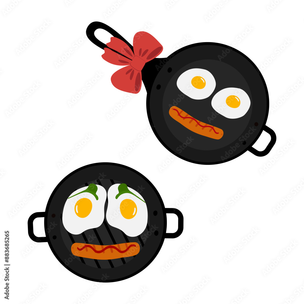 Grill and frying pan with bow Fried eggs sausage, strip of ketchup in smiling face form. Top view Grill and frying pan with bow Fried eggs sausage, strip of ketchup in smiling face form. Top view