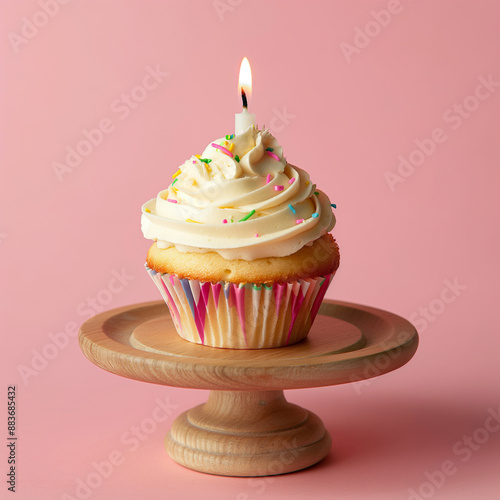 irthday cupcake with lit candle and sprinkles on wooden stand, pink background with copy space photo