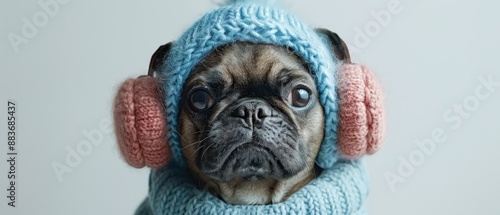 Adorable Pug in Cozy Blue Sweater and Pink Ear Muffs Against Light Background