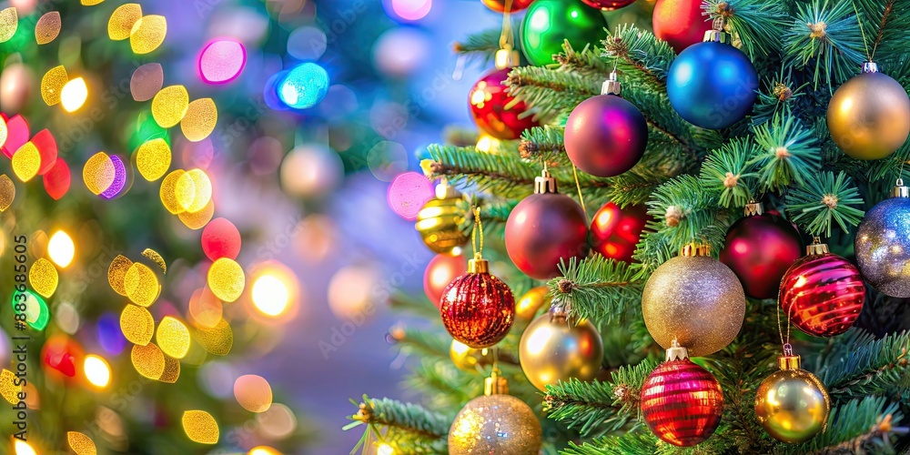 Close-up of a festive Christmas tree adorned with colorful ornaments, Christmas, tree, decorations, festive Close-up of a festive Christmas tree adorned with colorful ornaments, Christmas, tree, decorations, festive