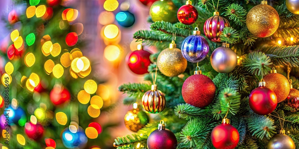 Close-up of festive Christmas tree adorned with colorful ornaments , Christmas, tree, ornaments, holidays, close-up Close-up of festive Christmas tree adorned with colorful ornaments , Christmas, tree, ornaments, holidays, close-up