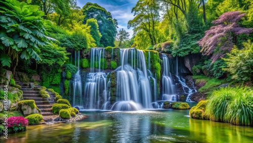 Serene Waterfall Cascading Through Lush Green Foliage, Long Exposure Photography, Tranquil Nature, Water Feature, Waterfall Landscape, waterfall, nature