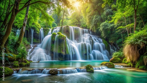 Serene Waterfall in Lush Greenery, Long Exposure Photography, Tranquil Nature, Water Feature, Landscape , waterfall, nature