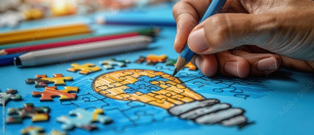 Creative Concept of Innovation with Light Bulb Puzzle Drawing and Colored Pencils on Blue Background Creative Concept of Innovation with Light Bulb Puzzle Drawing and Colored Pencils on Blue Background