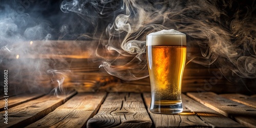 Smoky Beer Glass on Rustic Wood, Beer, Drink, Alcohol , Wooden photo