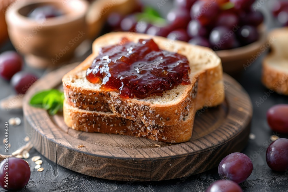 Delicious Whole Grain Bread with Grape Jam and Fresh Grapes on Rustic Wooden Plate Delicious Whole Grain Bread with Grape Jam and Fresh Grapes on Rustic Wooden Plate
