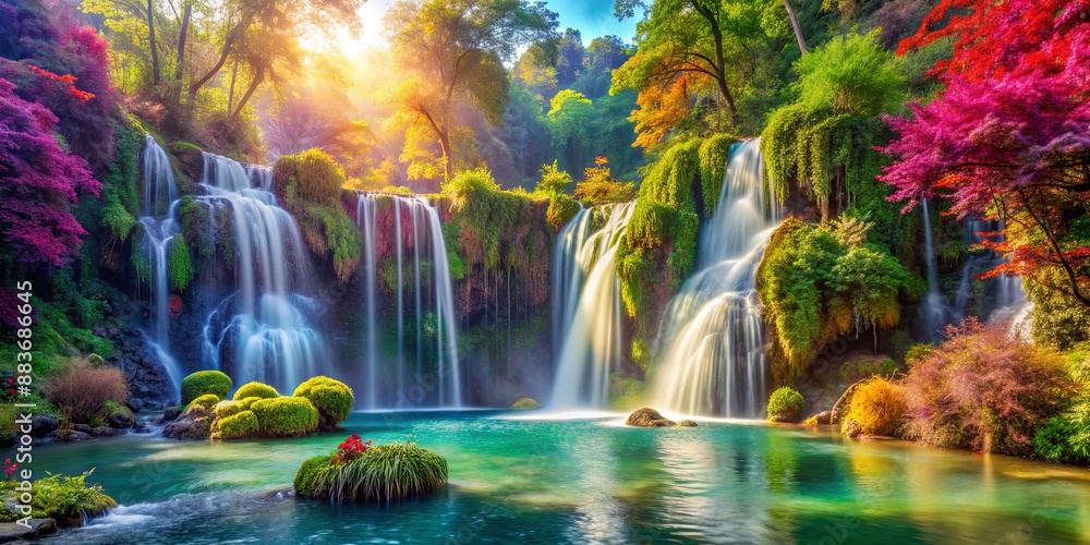 Sunlit Waterfall Oasis with Lush Greenery, Waterfall, Nature, Landscape, Forest Sunlit Waterfall Oasis with Lush Greenery, Waterfall, Nature, Landscape, Forest
