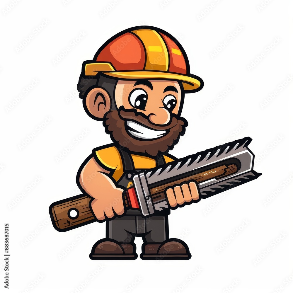 A cartoon man is holding a saw and smiling A cartoon man is holding a saw and smiling