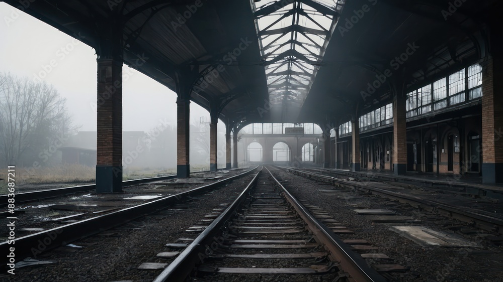 Abandoned, foggy train station with empty tracks disappearing into the distance, eerie atmosphere Abandoned, foggy train station with empty tracks disappearing into the distance, eerie atmosphere