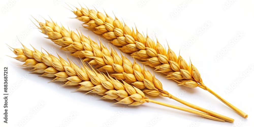 Three Golden Wheat Stalks on a White Background, agriculture, harvest, grain, food , Three Golden Wheat Stalks on a White Background, agriculture, harvest, grain, food ,