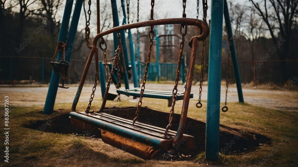 Abandoned playground with rusted swings gently swaying, evoking nostalgia and decay Abandoned playground with rusted swings gently swaying, evoking nostalgia and decay
