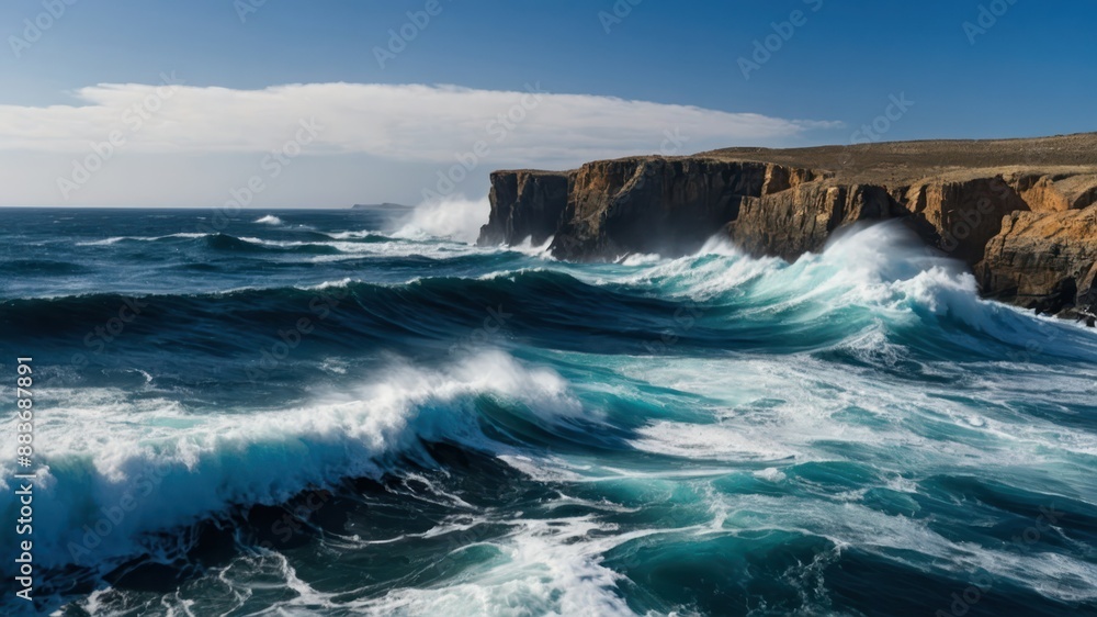 Deep blue waves crashing against rugged cliffs in a dramatic coastal landscape setting Deep blue waves crashing against rugged cliffs in a dramatic coastal landscape setting