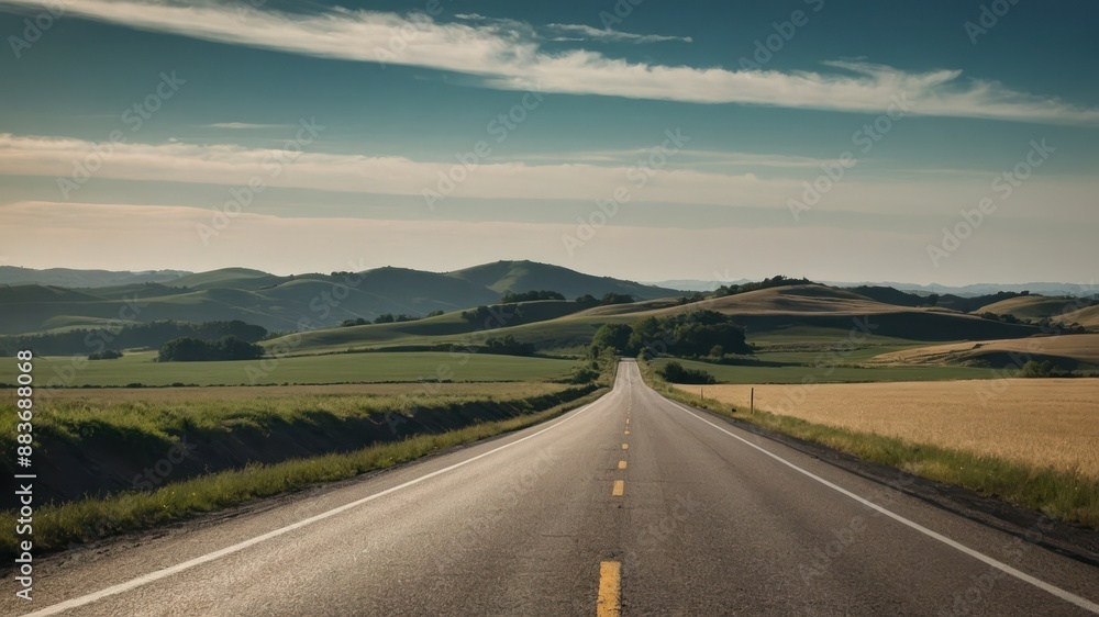 Deserted countryside road with rolling hills under a vast sky, perfect for a journey theme Deserted countryside road with rolling hills under a vast sky, perfect for a journey theme