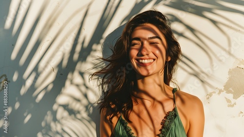 Cheerful young attractive woman in stylish dark-green top enjoys sunny weather, poses near white wall with palm leaf shadow and smiles.  photo