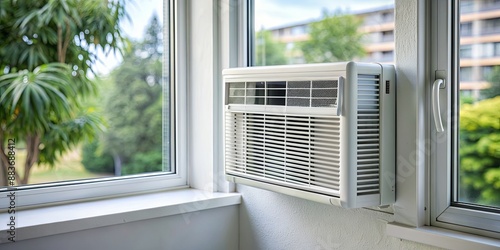 Window AC Unit Installed in White Trim Window,  air conditioner, window unit, cooling system, AC installation