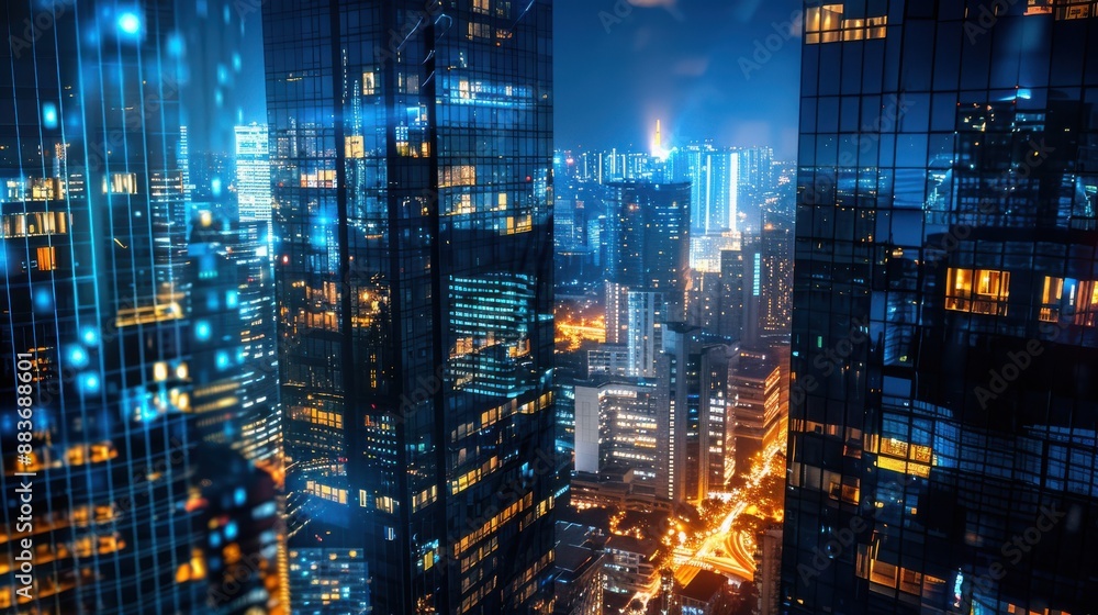Highrise buildings at night close up, focus on, copy space Illuminated windows, Double exposure silhouette with nightlife Highrise buildings at night close up, focus on, copy space Illuminated windows, Double exposure silhouette with nightlife
