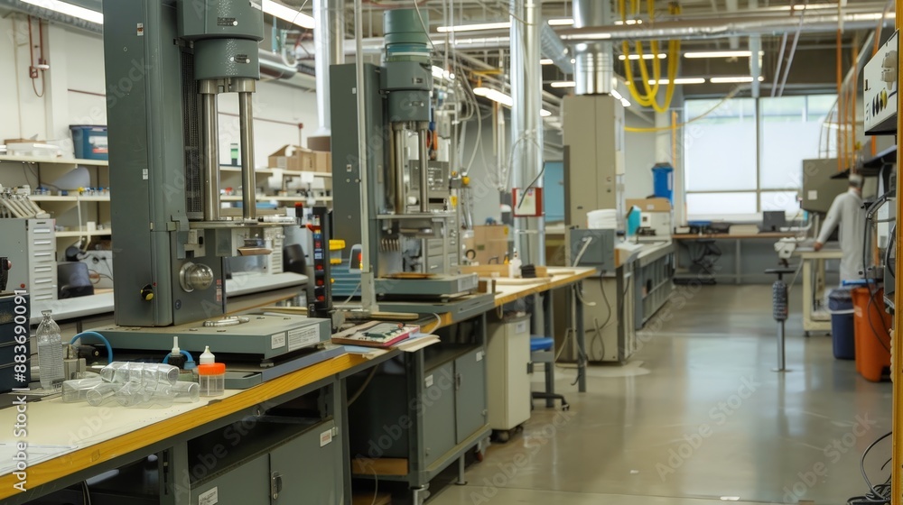 A materials science lab where researchers are developing new alloys and composites. The lab is equipped with high-temperature furnaces and stress-testing machines.