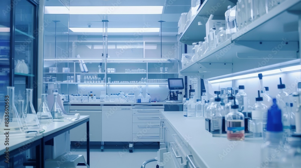 A medical research lab where scientists are developing vaccines. The lab is equipped with state-of-the-art technology to ensure the highest standards of research. A medical research lab where scientists are developing vaccines. The lab is equipped with state-of-the-art technology to ensure the highest standards of research.
