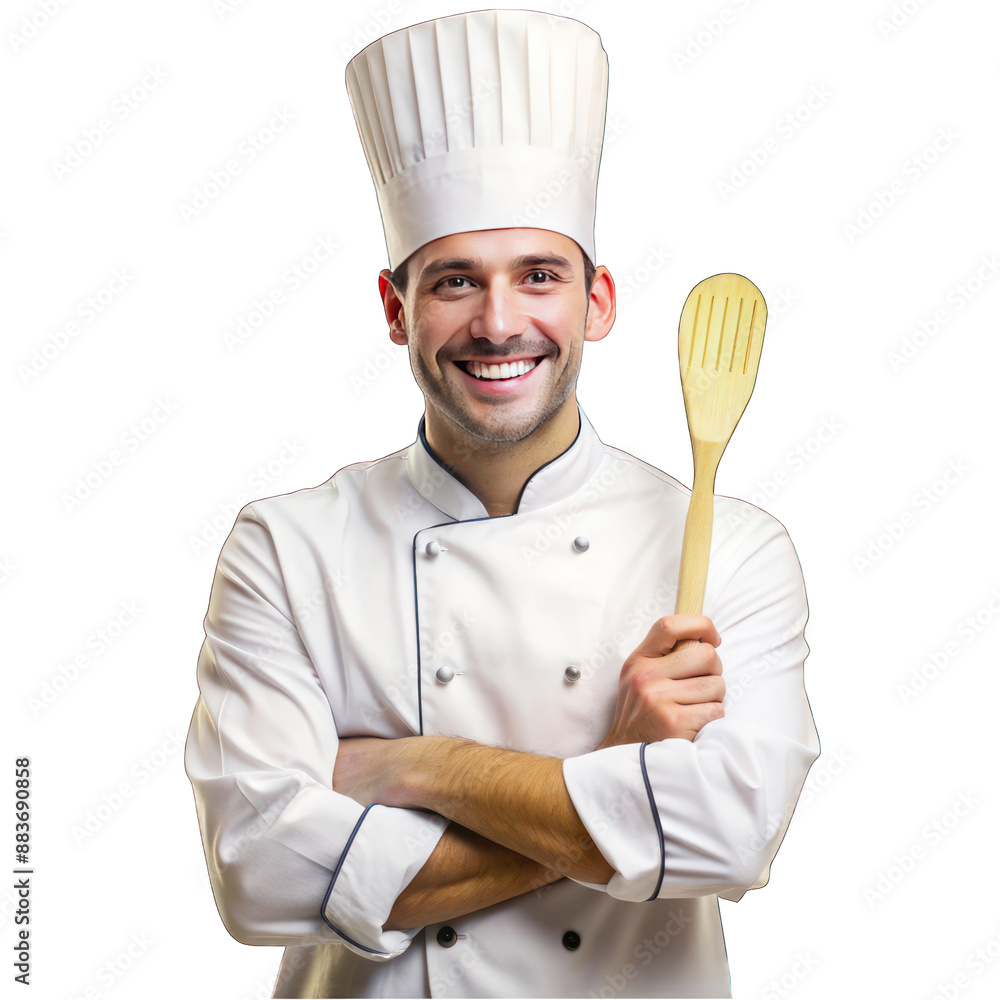 Happy chef man holding wooden spatula isolated on transparent background Happy chef man holding wooden spatula isolated on transparent background