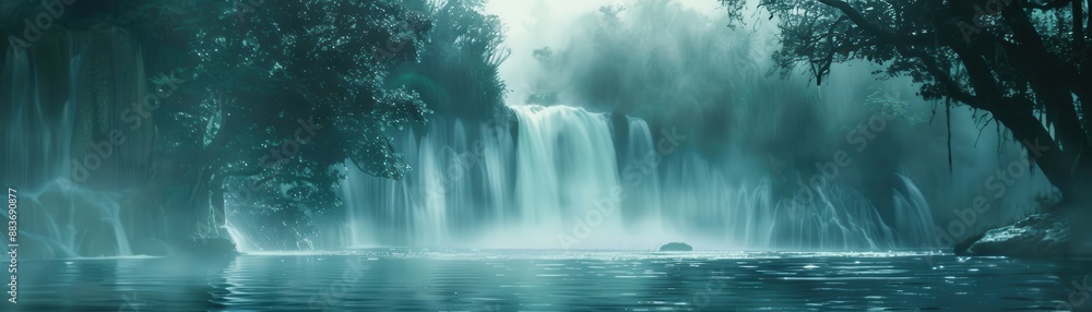 Majestic natural waterfall close up, focus on, copy space Cascading water, Double exposure silhouette with forest Majestic natural waterfall close up, focus on, copy space Cascading water, Double exposure silhouette with forest