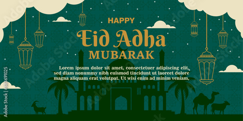 Flat eid al-adha illustration with ram and lanterns