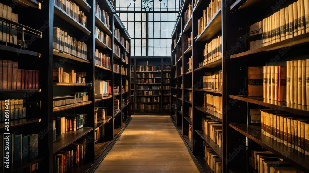 Silent library with rows of wooden bookshelves bathed in soft light, perfect for reading or studying