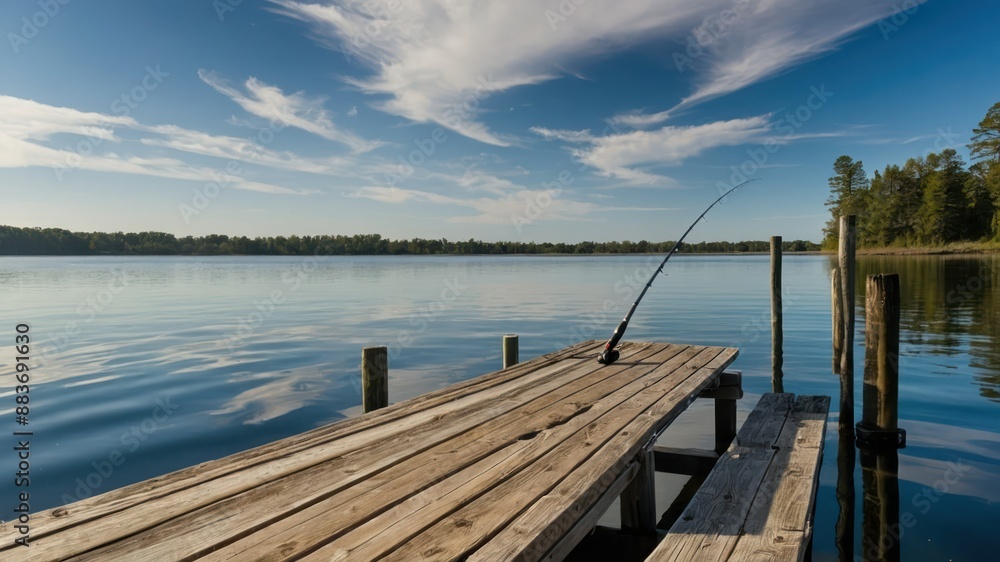 Single fishing rod propped up on a wooden pier with calm lake reflecting the serene horizon Single fishing rod propped up on a wooden pier with calm lake reflecting the serene horizon