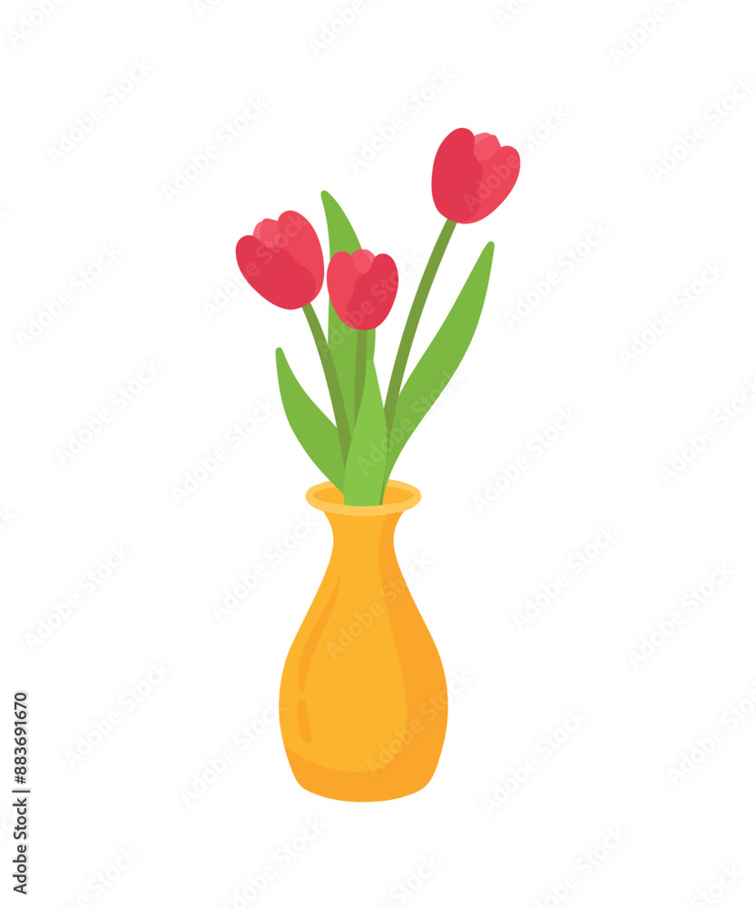Beautiful Red Tulip Flowers in Vase for House Plant Decoration in Flat Cartoon Vector Illustration Beautiful Red Tulip Flowers in Vase for House Plant Decoration in Flat Cartoon Vector Illustration